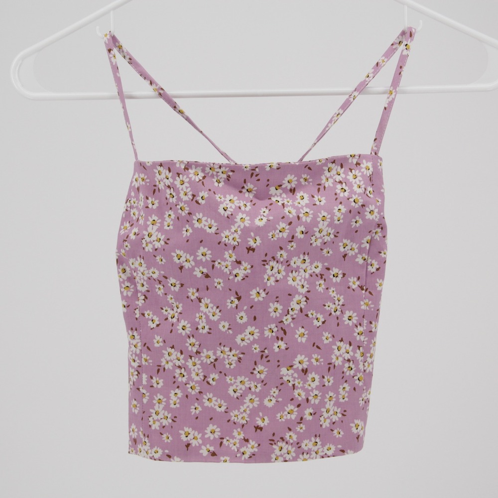 Zara Women's Pink Floral Lace Up Back Crop Cami Top Size Medium